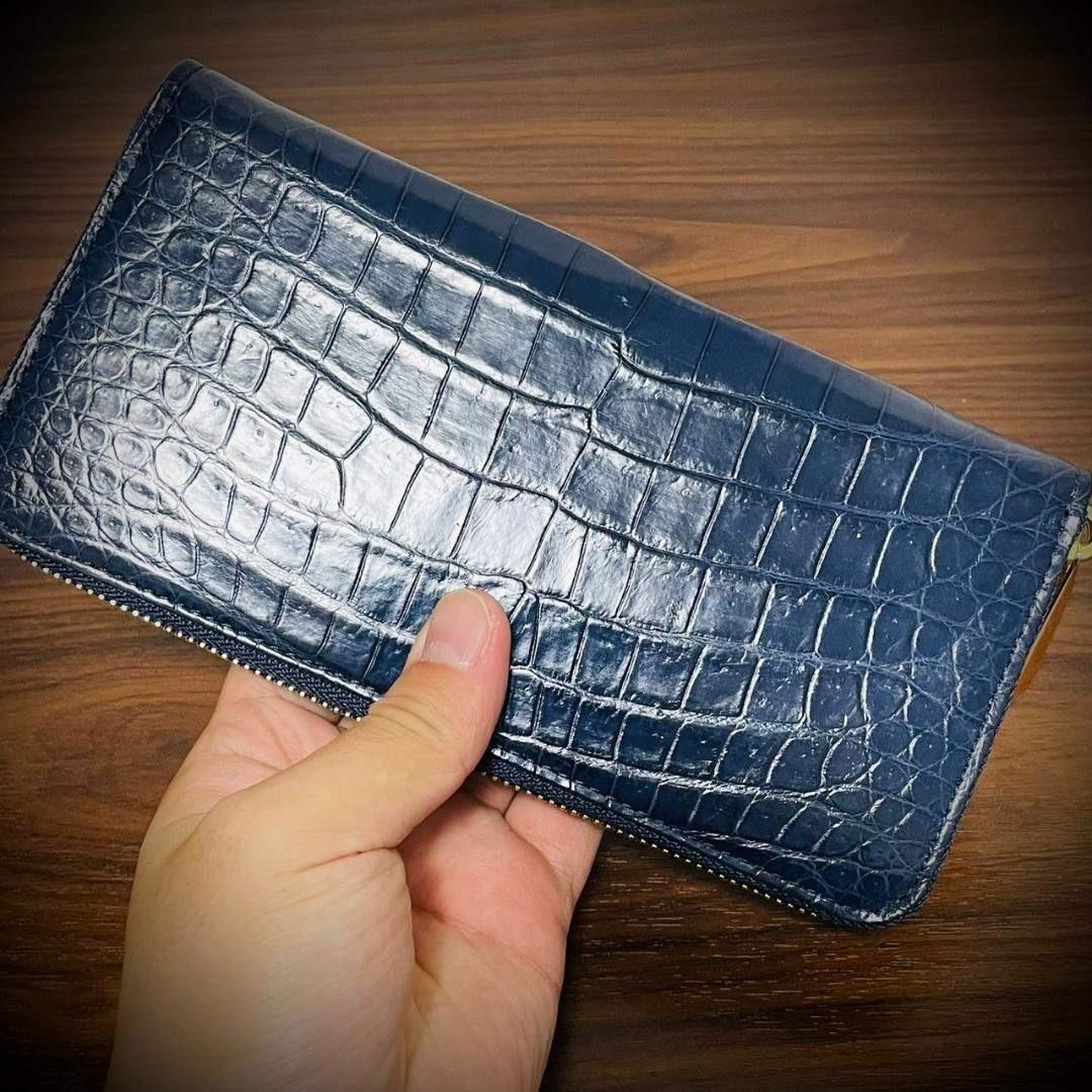 クロコダイル 長財布 大容量 カード１５枚 ワニ革 一枚革 証明付 ネイビー 紺
