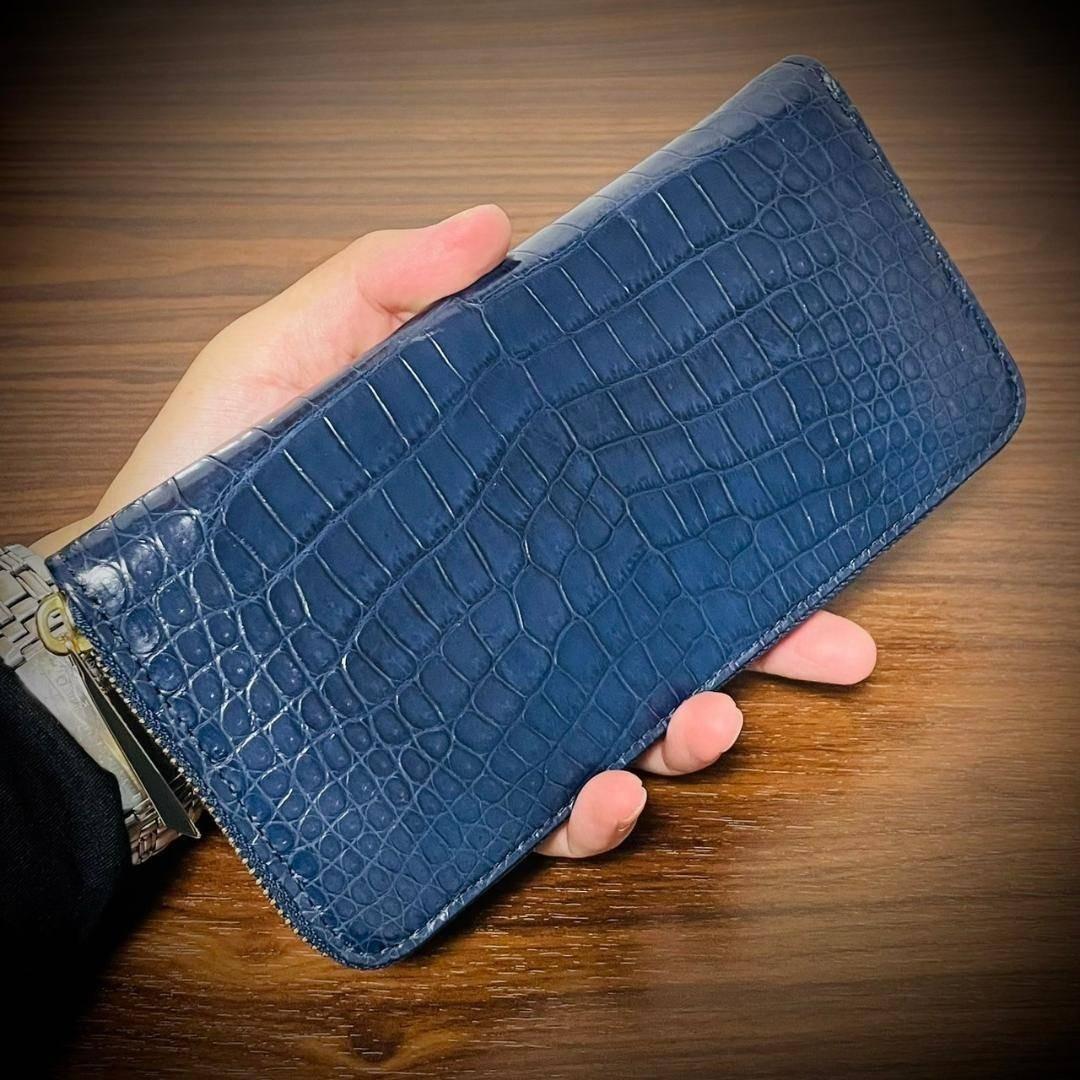 クロコダイル 長財布 大容量 カード１５枚 ワニ革 一枚革 証明付 ネイビー 紺