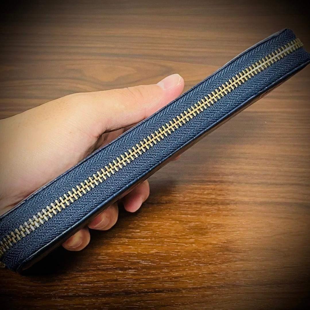 クロコダイル 長財布 大容量 カード１５枚 ワニ革 一枚革 証明付 ネイビー 紺