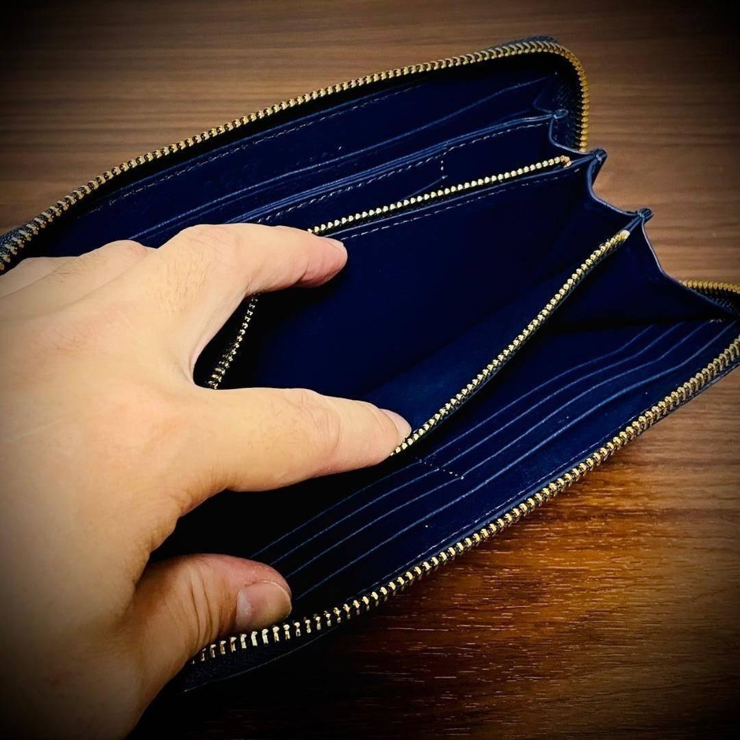 クロコダイル 長財布 大容量 カード１５枚 ワニ革 一枚革 証明付 ネイビー 紺