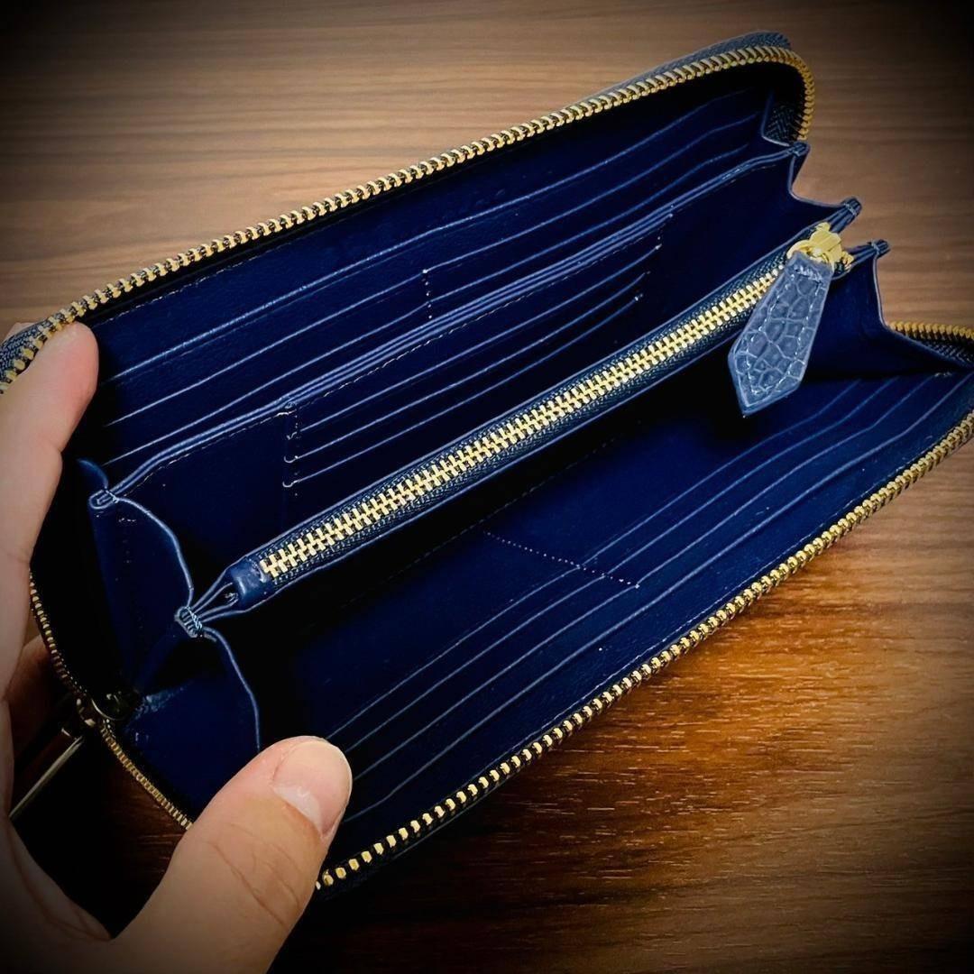 クロコダイル 長財布 大容量 カード１５枚 ワニ革 一枚革 証明付 ネイビー 紺