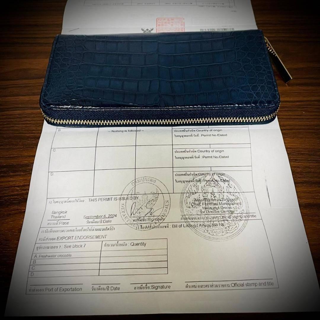 クロコダイル 長財布 大容量 カード１５枚 ワニ革 一枚革 証明付 ネイビー 紺