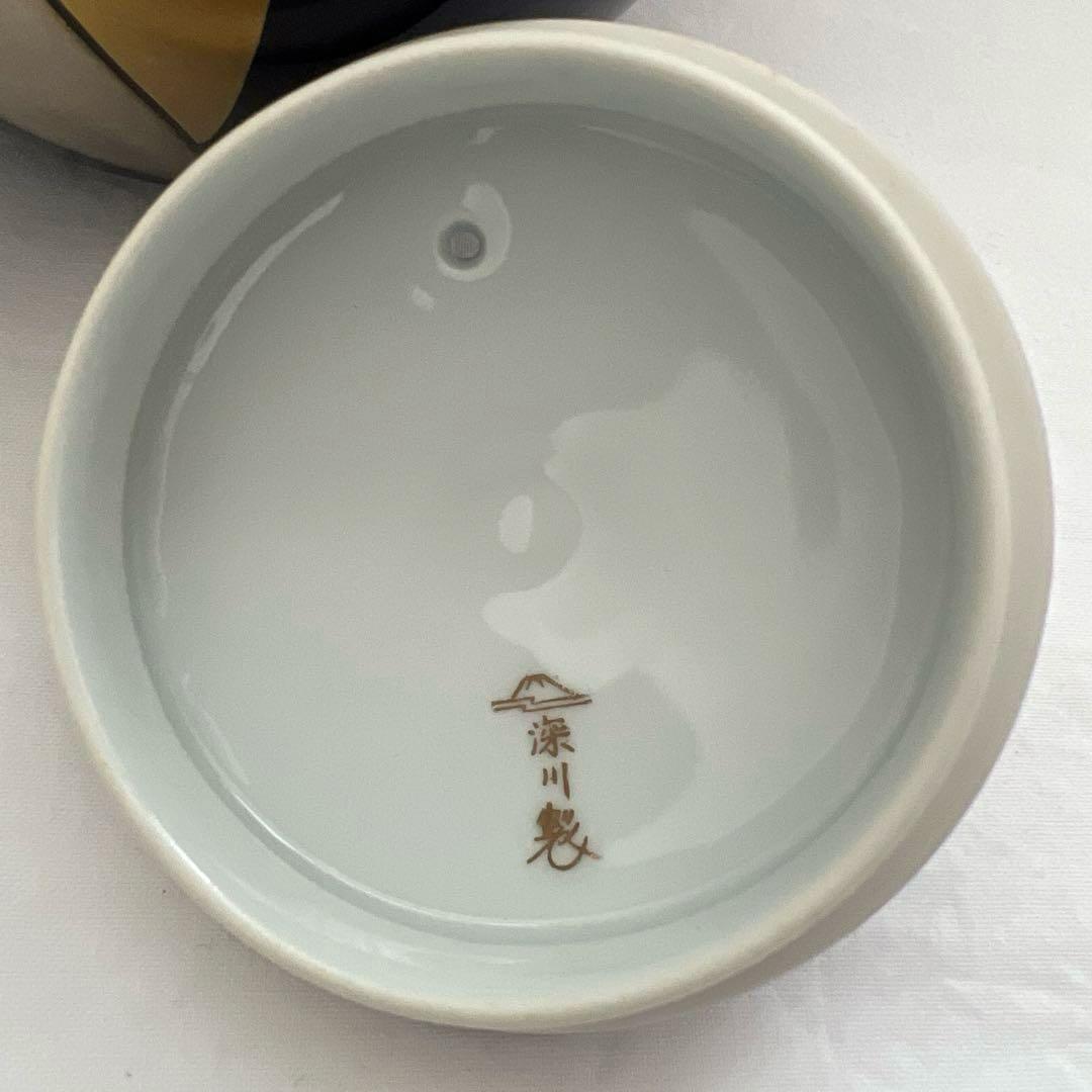 深川製磁 瑠璃色、金彩、銀彩、鳥柄 急須 蓋付き湯呑み5客セット 共箱