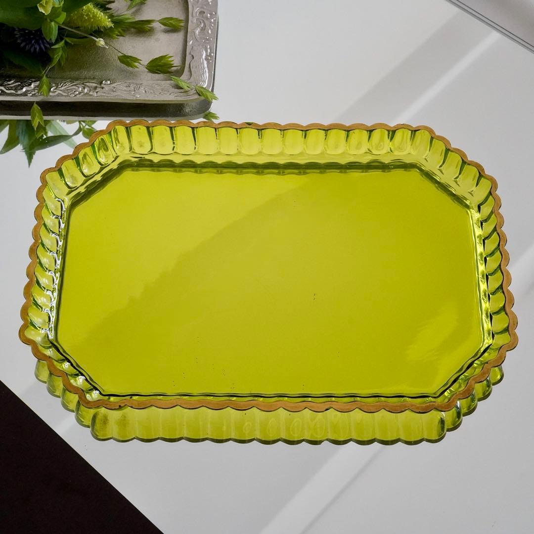 華麗なる オールド サンルイ 金彩 グリーン トレイ★アンティーク クリスタル★