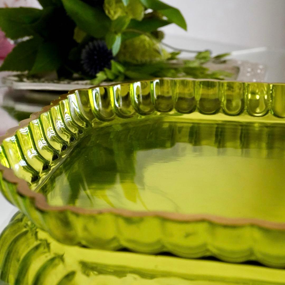 華麗なる オールド サンルイ 金彩 グリーン トレイ★アンティーク クリスタル★