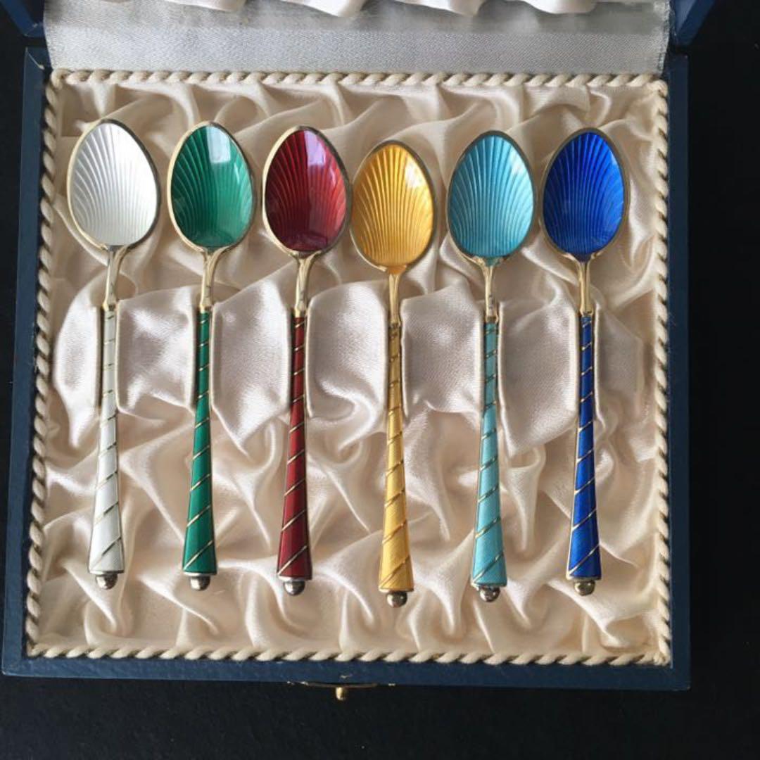 デンマークスターリングのエナメルスプーンセット　ビンテージ美品
