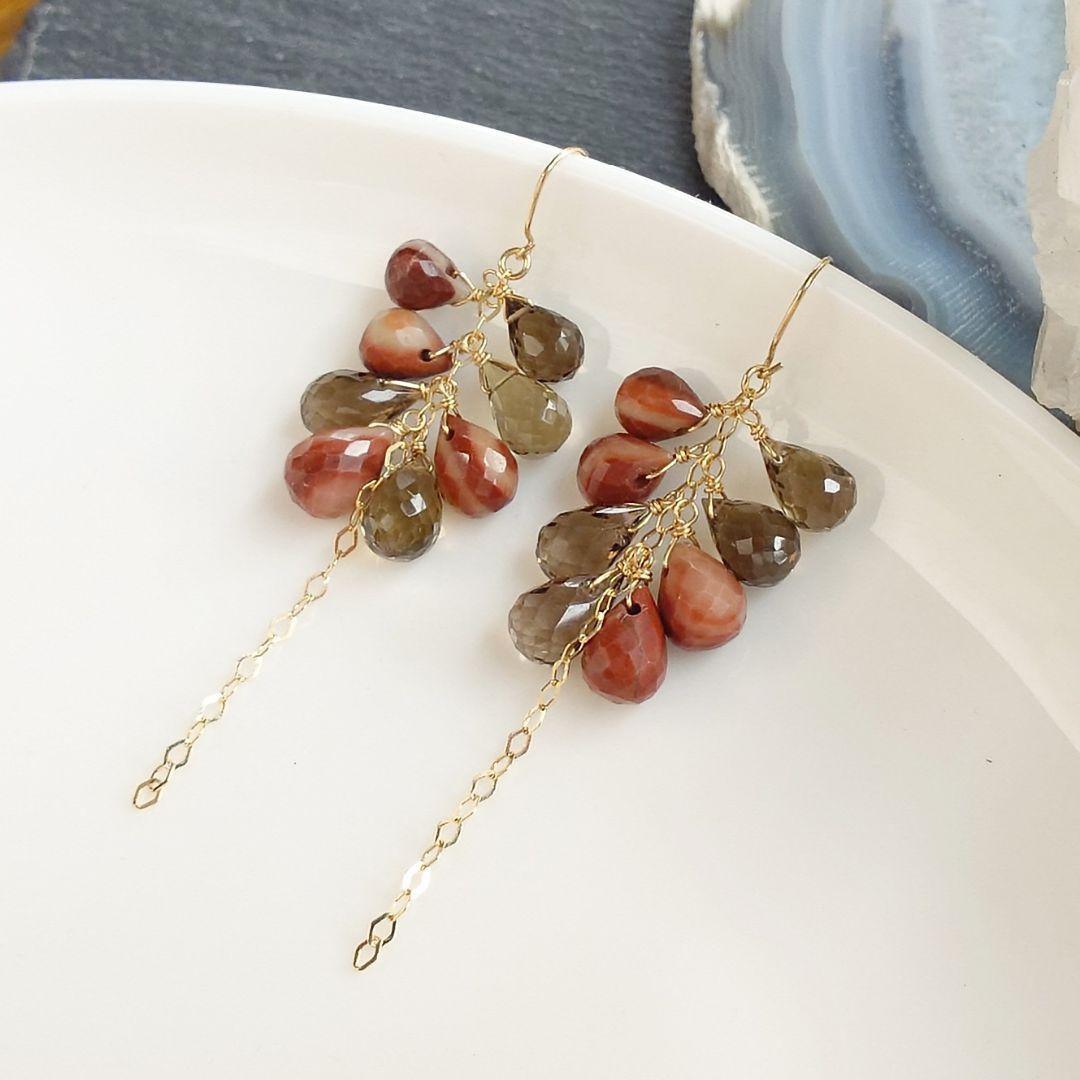 K10YG ほっこり大人色 ジャスパーとクォーツの天然石ピアス