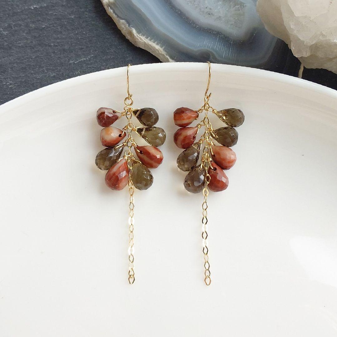 K10YG ほっこり大人色 ジャスパーとクォーツの天然石ピアス