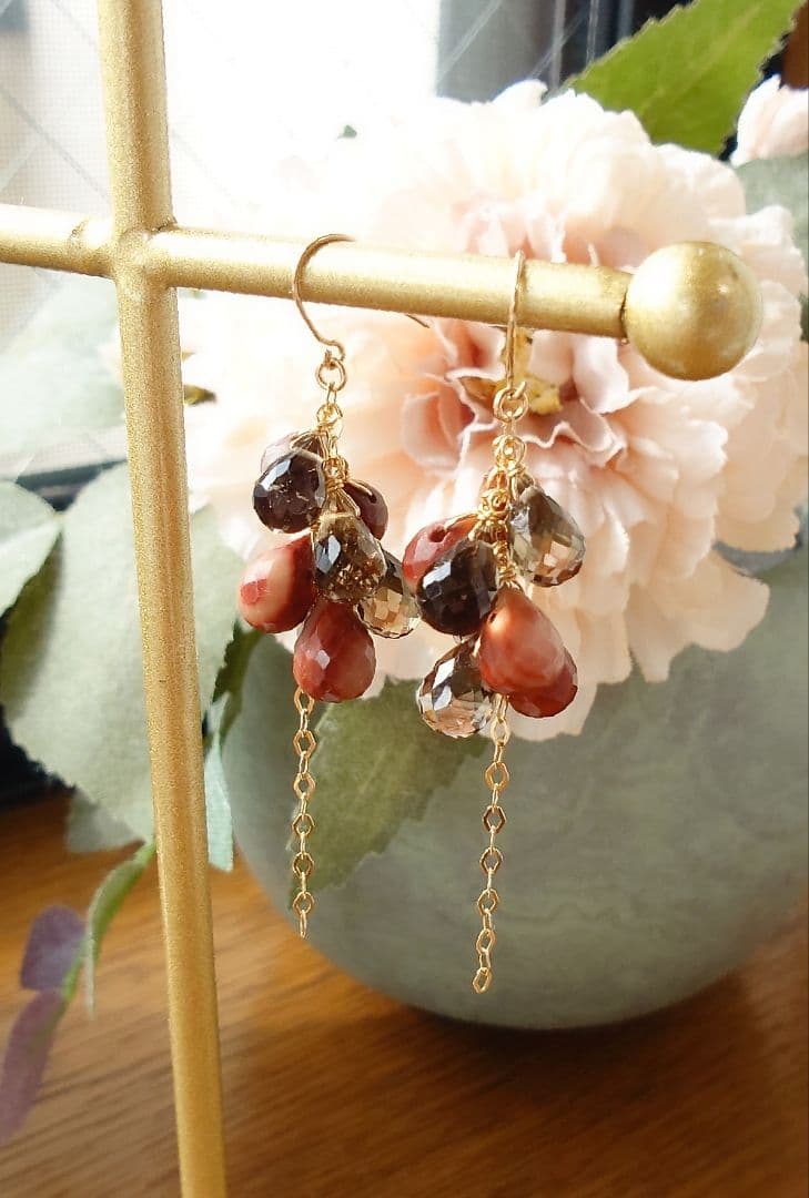 K10YG ほっこり大人色 ジャスパーとクォーツの天然石ピアス