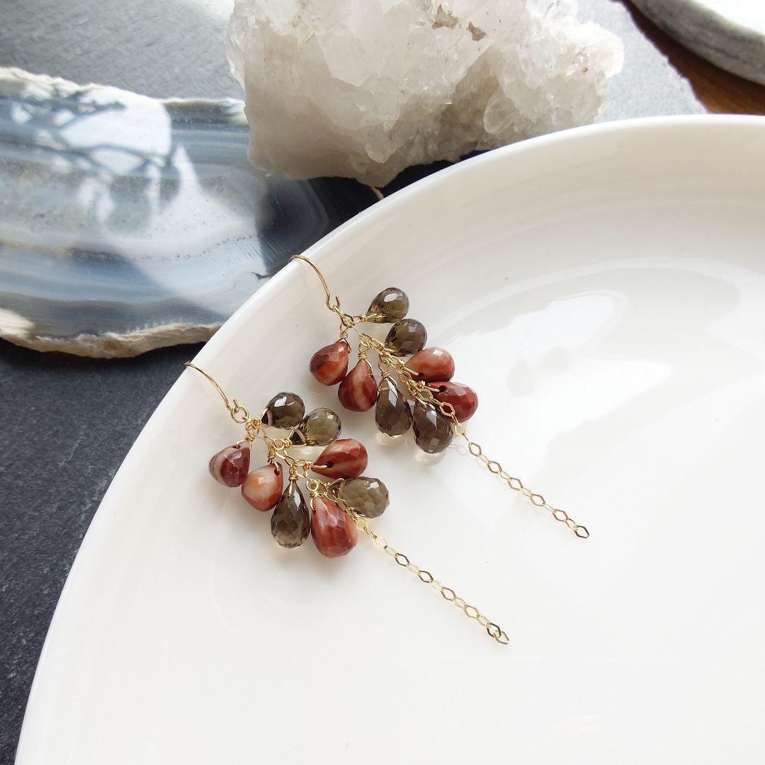 K10YG ほっこり大人色 ジャスパーとクォーツの天然石ピアス