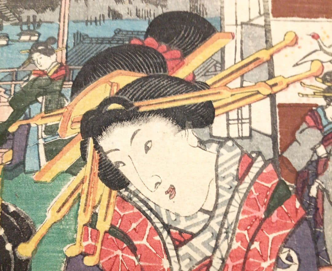 浮世絵版画、當世美人花之賑三枚綴り国輝舎国彦画（歌川国彦)安政2年