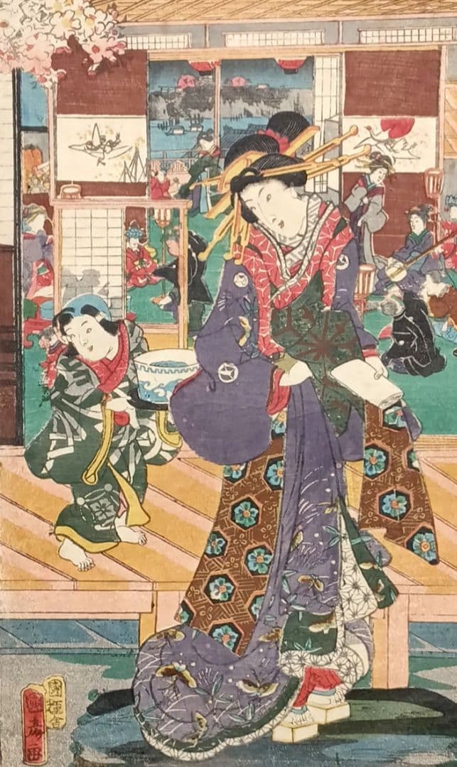 浮世絵版画、當世美人花之賑三枚綴り国輝舎国彦画（歌川国彦)安政2年