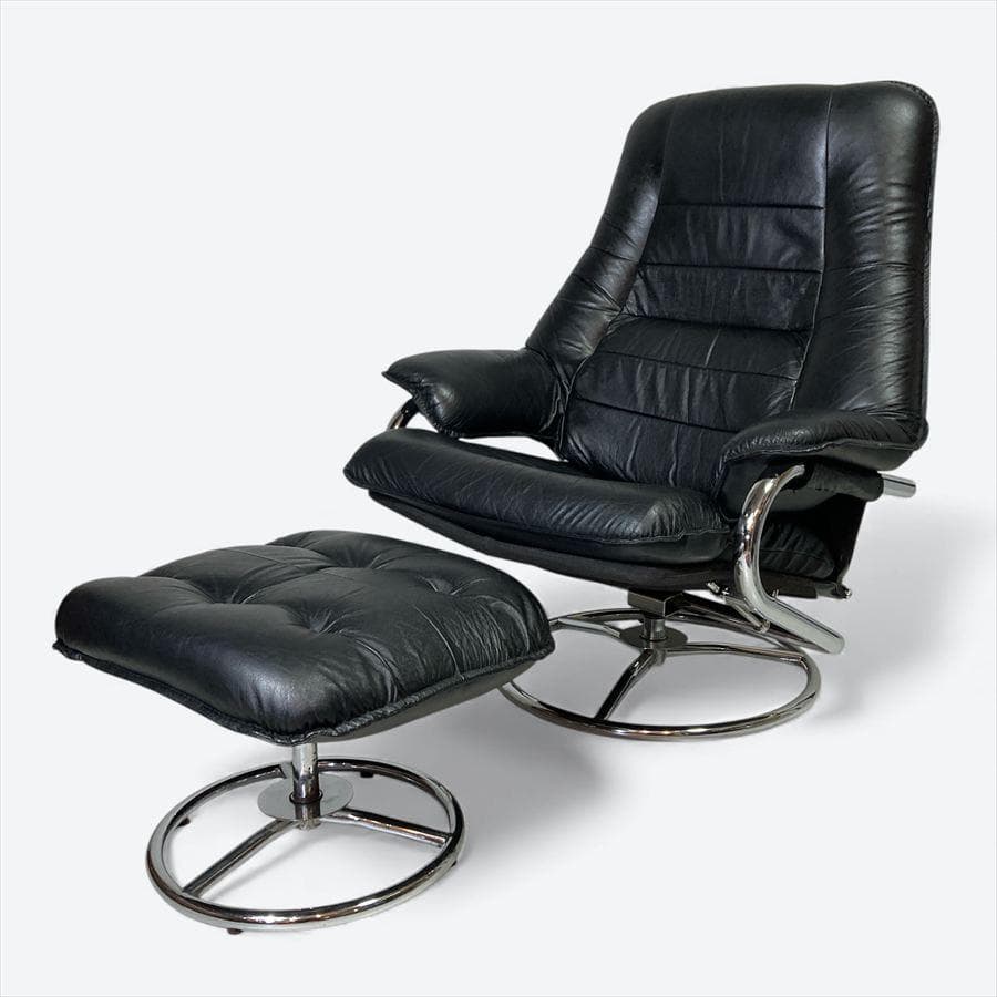 ヴィンテージ フランスベッド レザーパーソナルチェア オットマン(難あり)セット