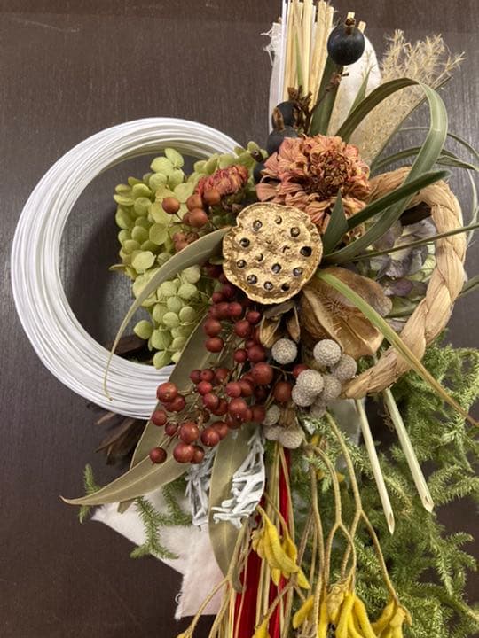 4.長野県より自家栽培ドライフラワー含む正月飾り松飾り注連縄　スワッグ リース