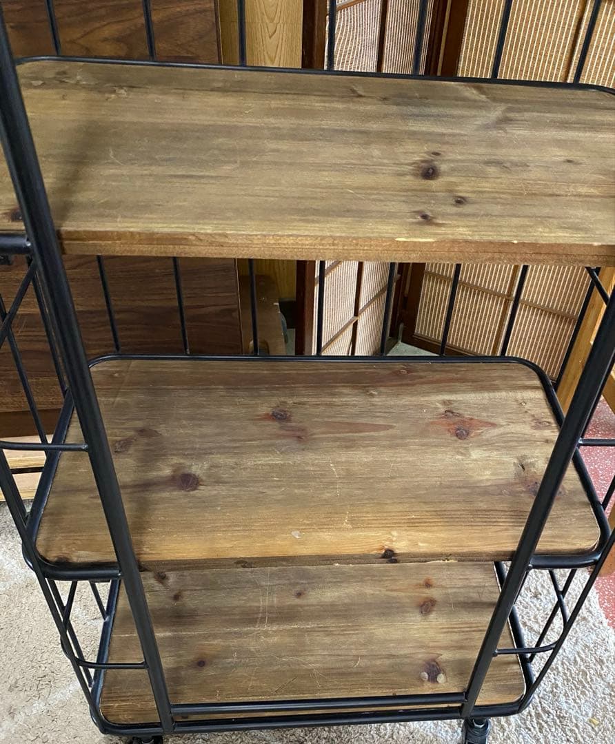 天然木天板】4段シェルフ キャスター付 モダン ブラウン アンティーク