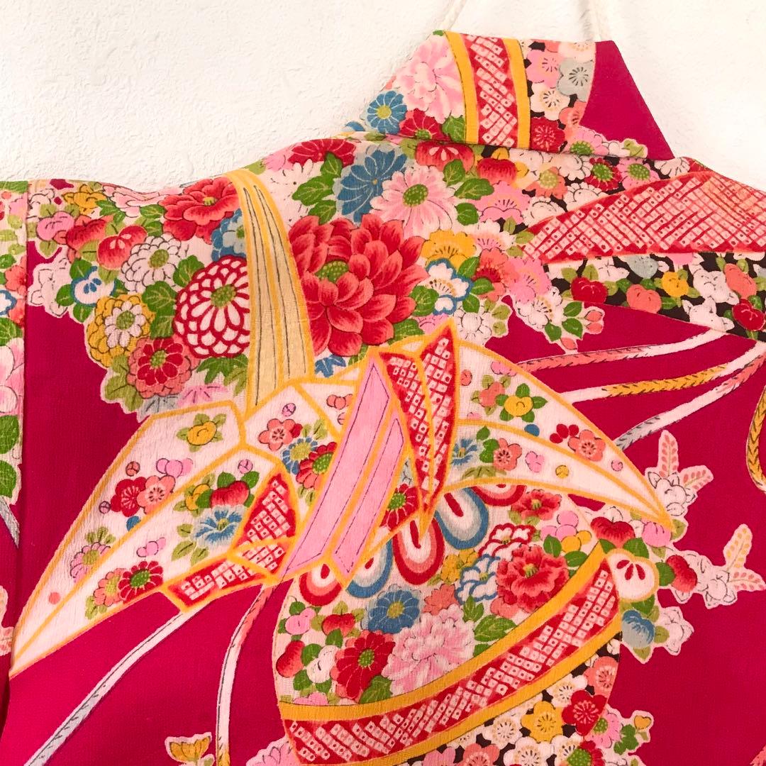 正絹 アンティーク着物 女の子 七五三 ◇檜扇 折鶴 まり 古典柄