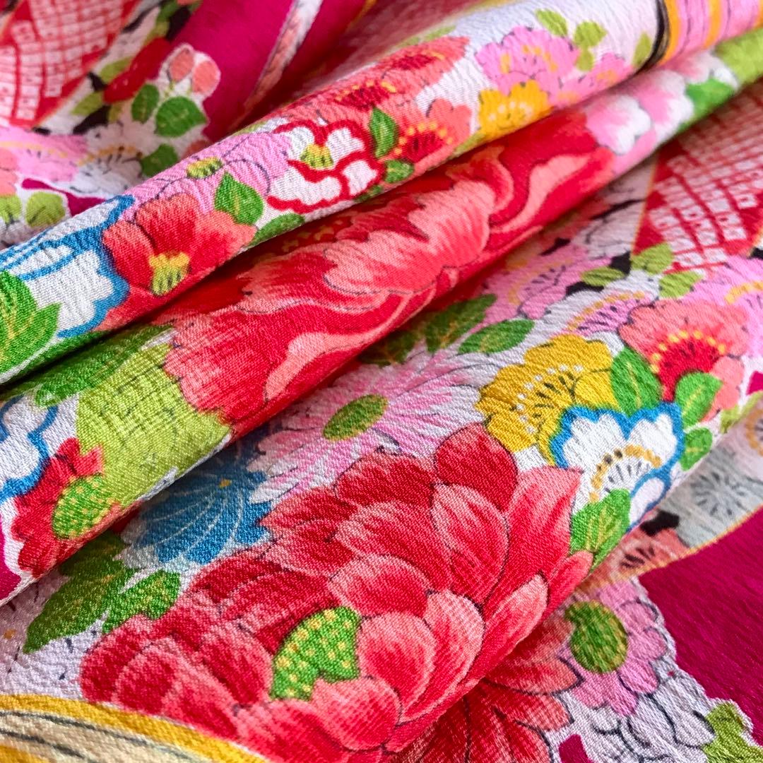 正絹 アンティーク着物 女の子 七五三 ◇檜扇 折鶴 まり 古典柄