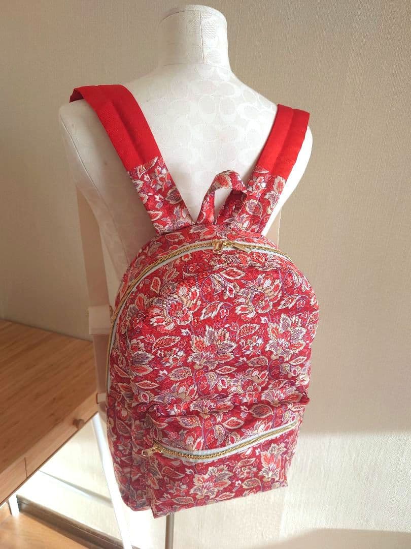 ハンドメイド 帯 リメイク リュック 総花柄 朱