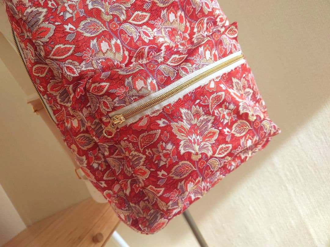 ハンドメイド 帯 リメイク リュック 総花柄 朱