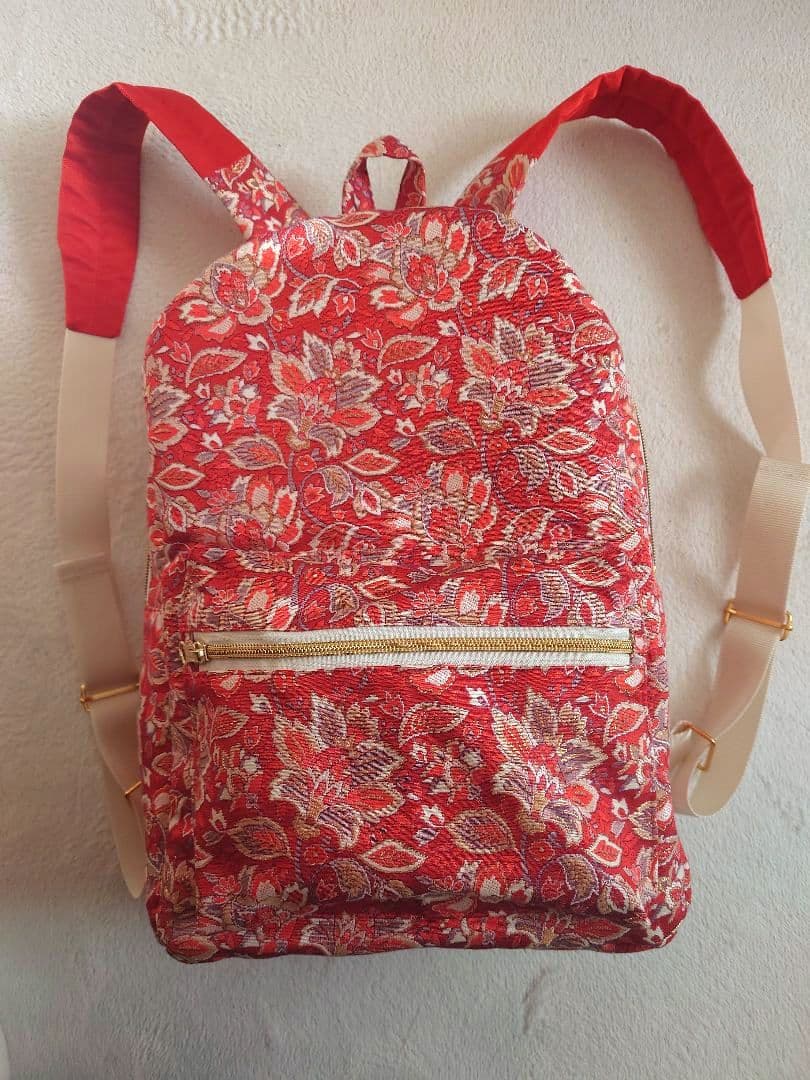 ハンドメイド 帯 リメイク リュック 総花柄 朱