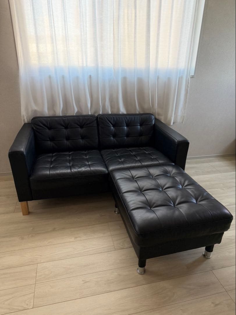 IKEA イケア LANDSKRONA 黒合成皮革 カウチソファ オットマン付き