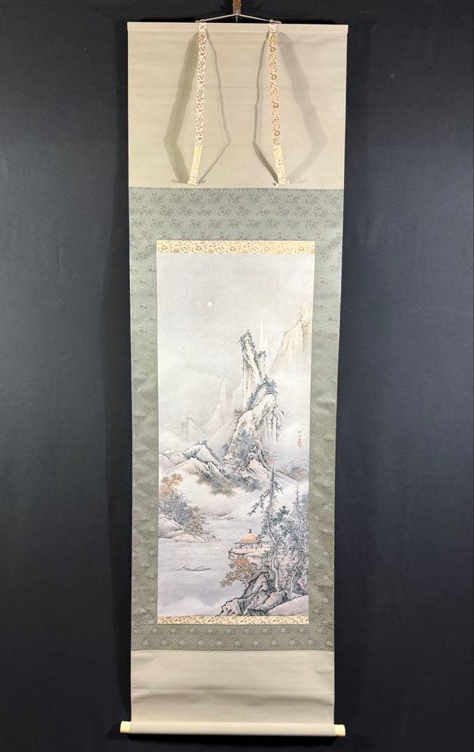 K112 狩野芳崖 「月夜山水図」 掛軸 日本画 工芸印刷 共箱 - メルカリ