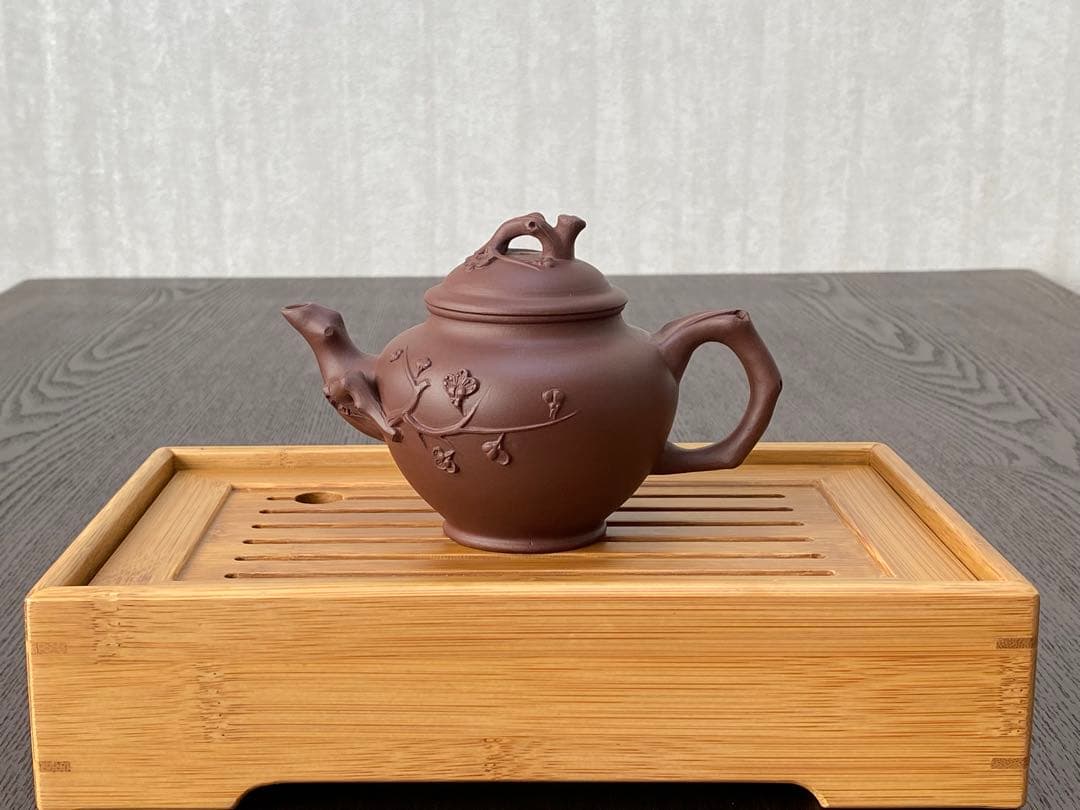 湯志明？？中国宜興落款　紫砂茶壺　急須　梅花　骨董品　時代物