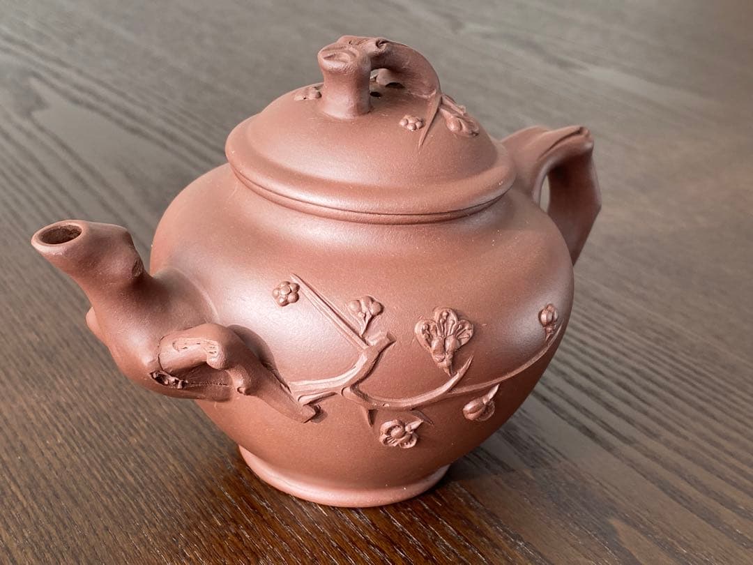 湯志明？？中国宜興落款　紫砂茶壺　急須　梅花　骨董品　時代物