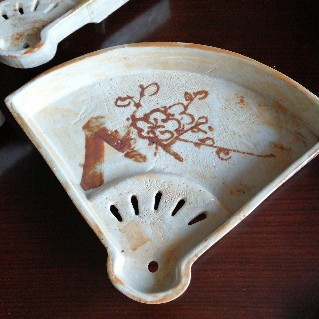 京焼　織部鉄絵扇面盆　3枚　29cm