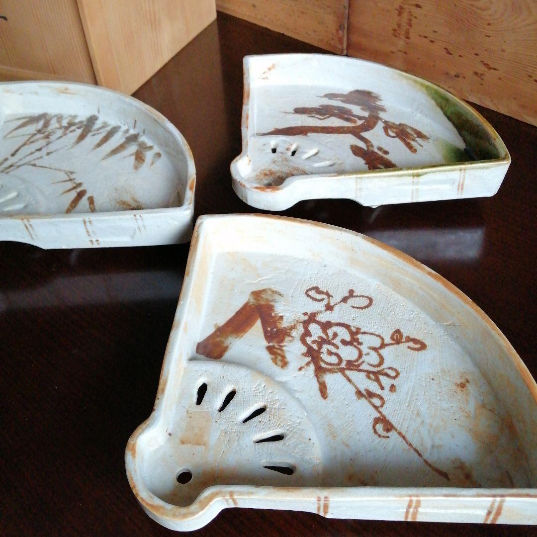 京焼　織部鉄絵扇面盆　3枚　29cm