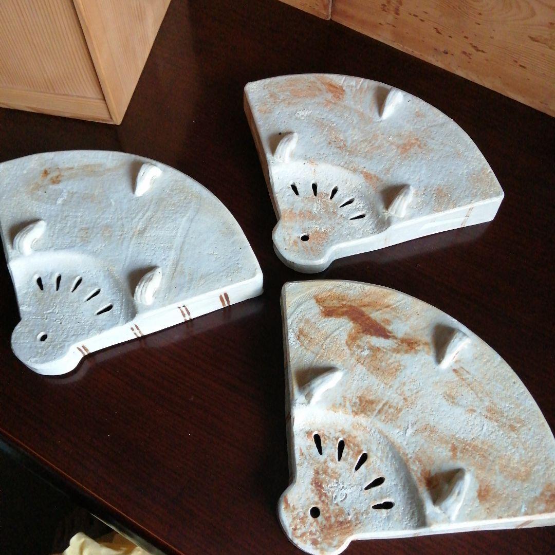 京焼　織部鉄絵扇面盆　3枚　29cm