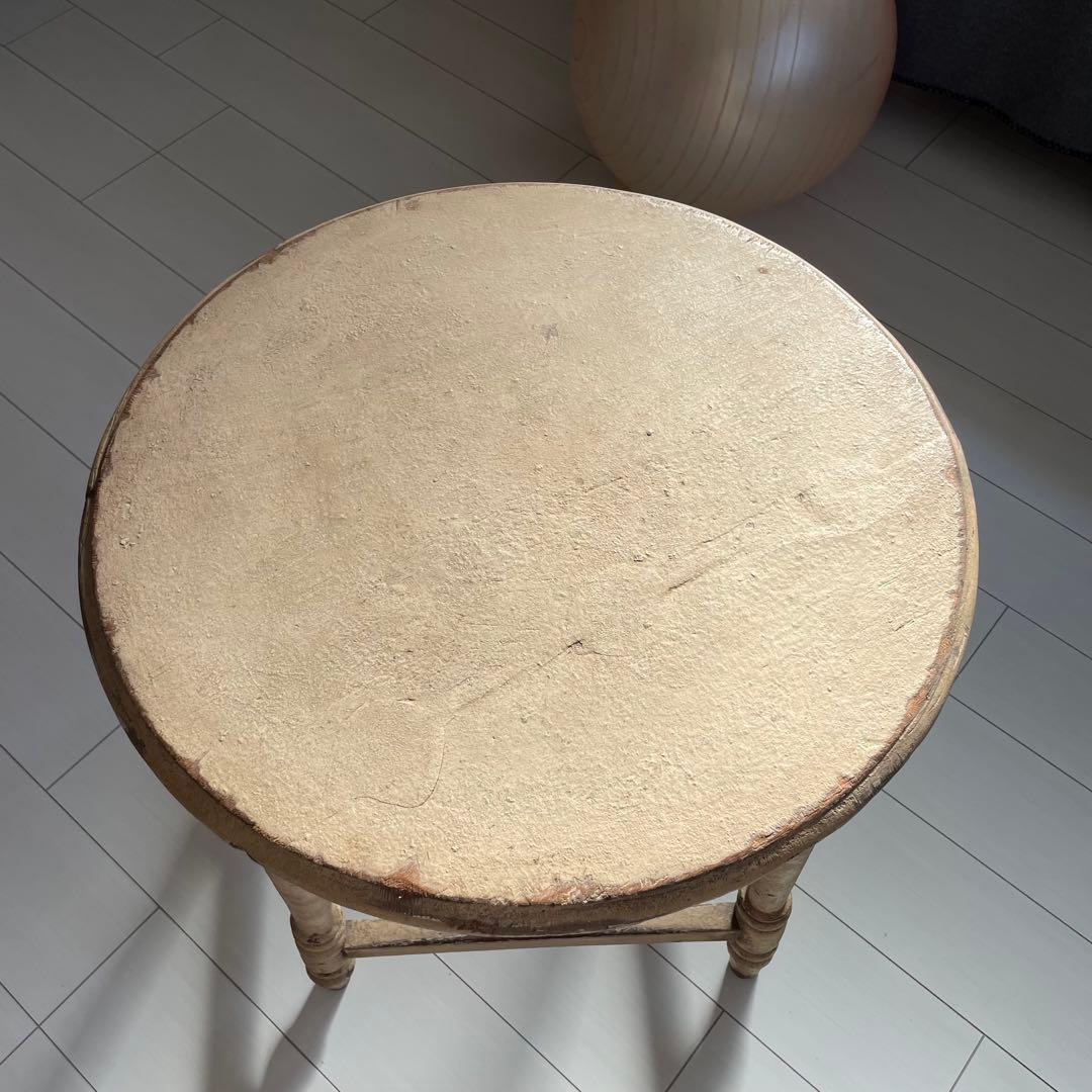 【希少】クリーム色の円形木製カウンターテーブル　アンティーク白丸　ビンテージ