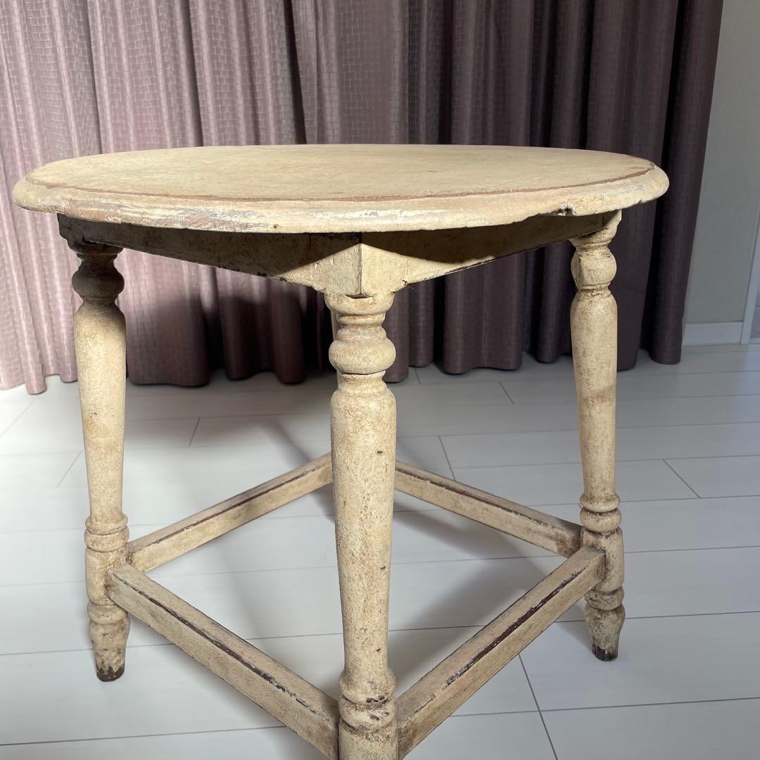 【希少】クリーム色の円形木製カウンターテーブル　アンティーク白丸　ビンテージ
