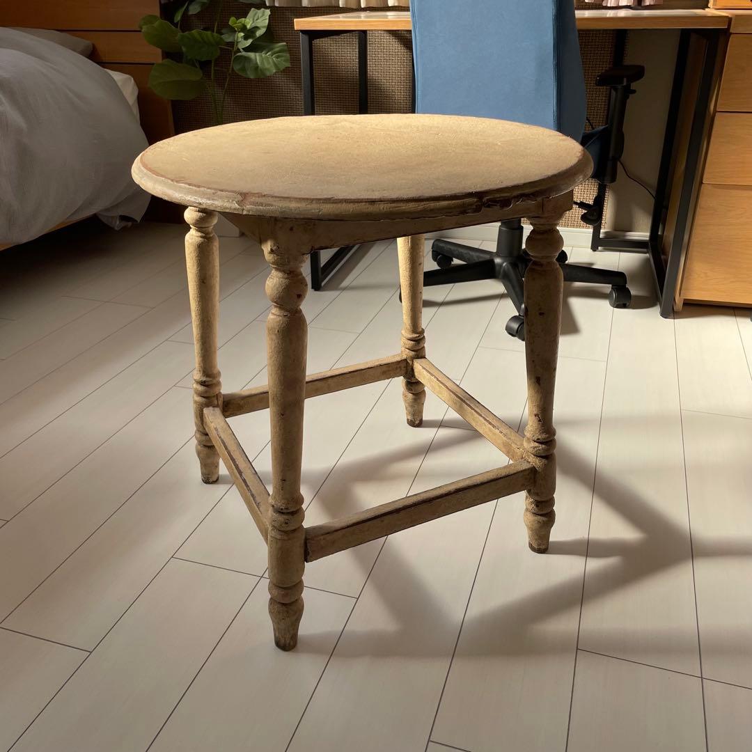 【希少】クリーム色の円形木製カウンターテーブル　アンティーク白丸　ビンテージ