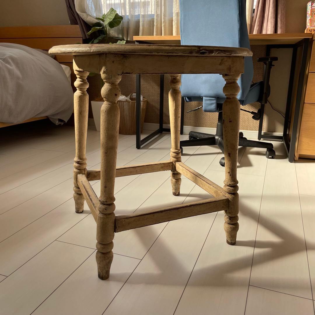 【希少】クリーム色の円形木製カウンターテーブル　アンティーク白丸　ビンテージ