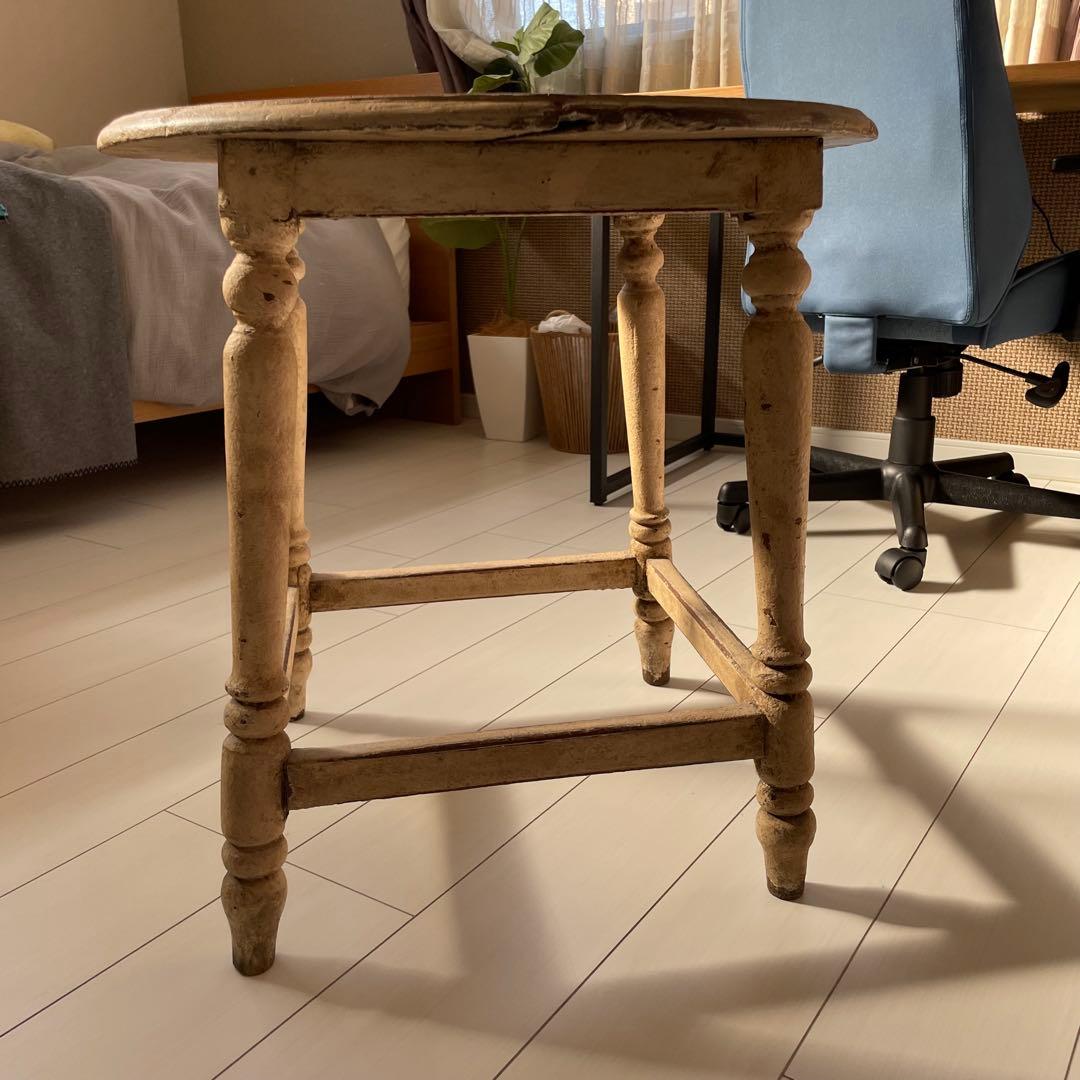 【希少】クリーム色の円形木製カウンターテーブル　アンティーク白丸　ビンテージ