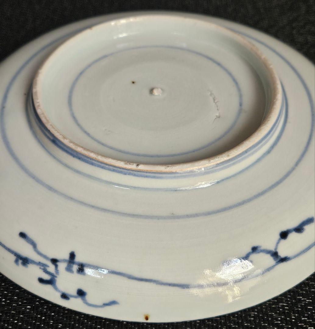 江戸時代中期　古伊万里　染付　生垣に花の図　18.1cm　六寸皿　飾り皿　無傷！