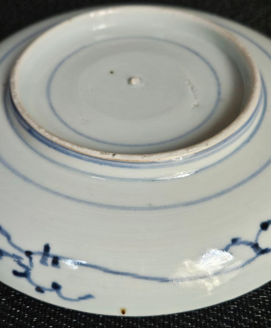 江戸時代中期　古伊万里　染付　生垣に花の図　18.1cm　六寸皿　飾り皿　無傷！