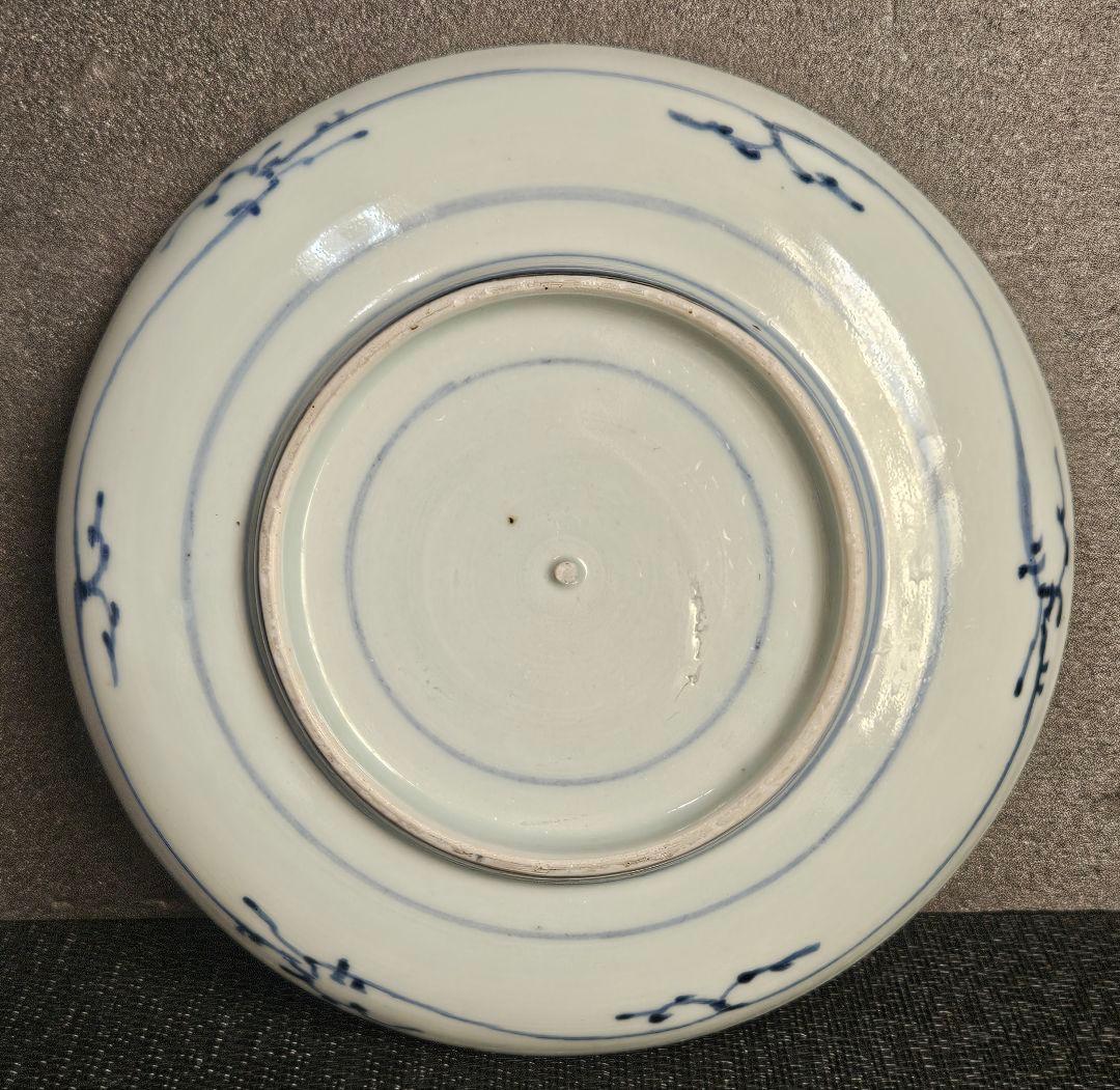 江戸時代中期　古伊万里　染付　生垣に花の図　18.1cm　六寸皿　飾り皿　無傷！