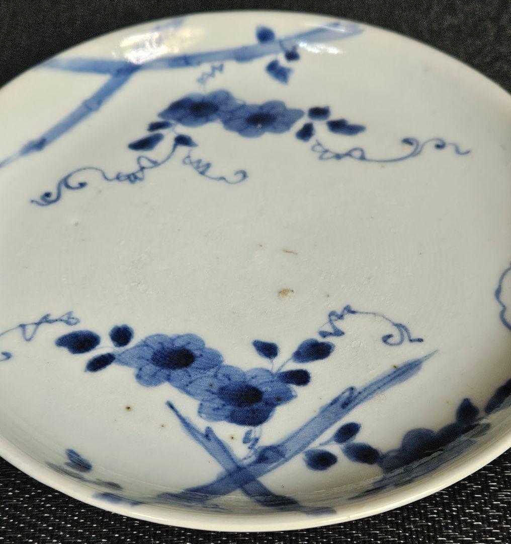 江戸時代中期　古伊万里　染付　生垣に花の図　18.1cm　六寸皿　飾り皿　無傷！