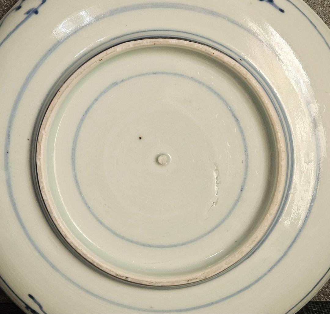 江戸時代中期　古伊万里　染付　生垣に花の図　18.1cm　六寸皿　飾り皿　無傷！