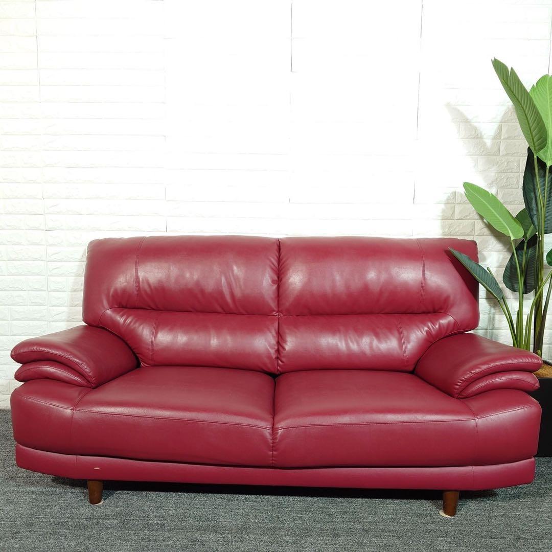 レザーソファ 3人掛け 革張り 3シーター 赤 家具 インテリア C086