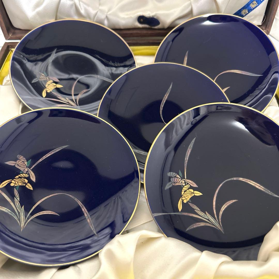 未使用 有田焼 香蘭社 金彩蘭柄 瑠璃色盛皿（大）＆取皿（小皿）5枚