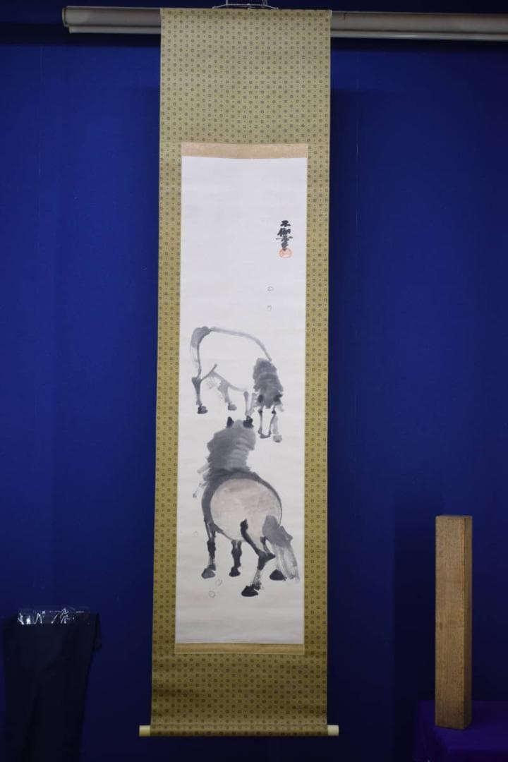 真作/鹿子木孟郎/春馬図/春駒/桜/布袋屋掛軸HI-579