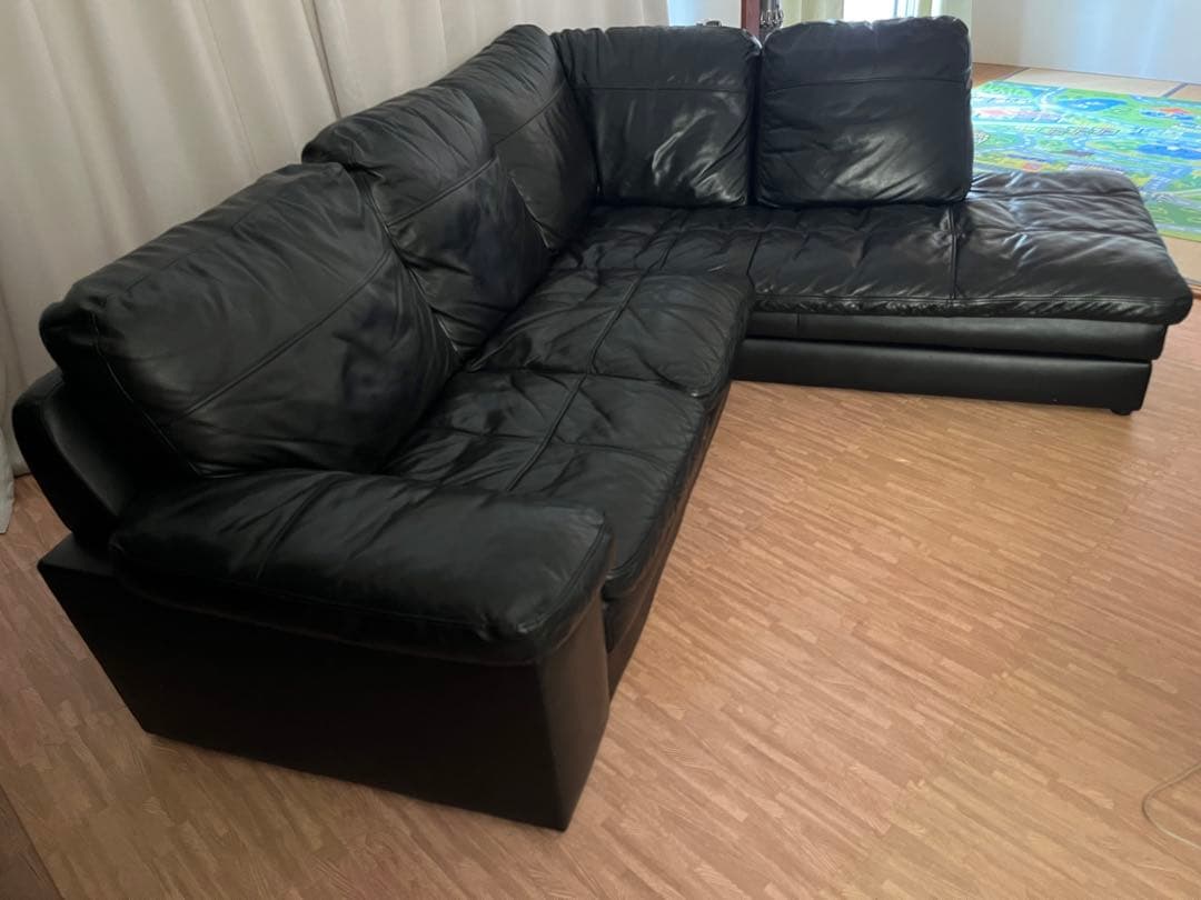 (胡ちょＯ〜ちゃん)ニトリ①本革 コーナーソファ Nステイツ 黒 左カウチ