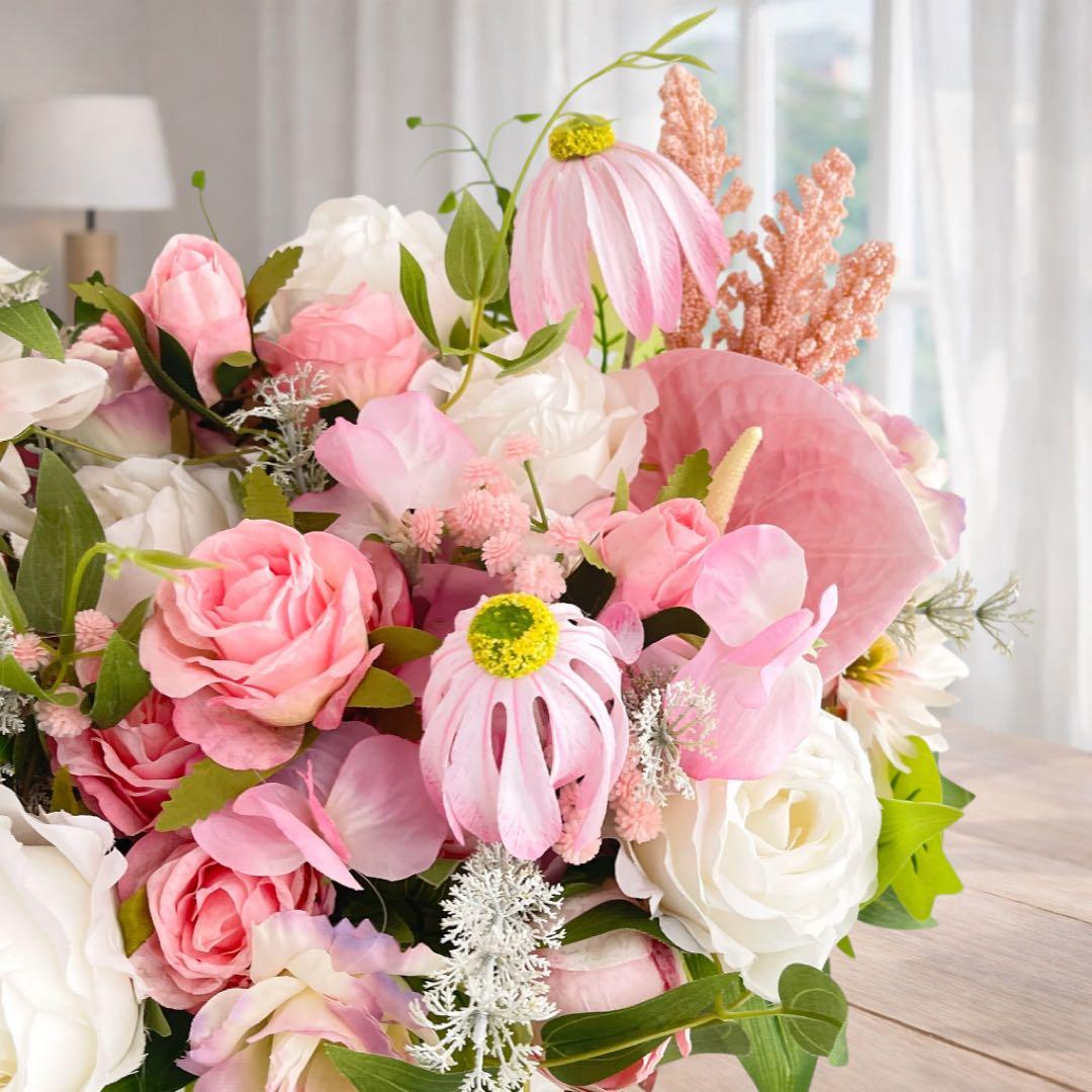 横長46cm｜バラとスイトピーとエキナセアの大型フラワーアレンジメント｜光触媒