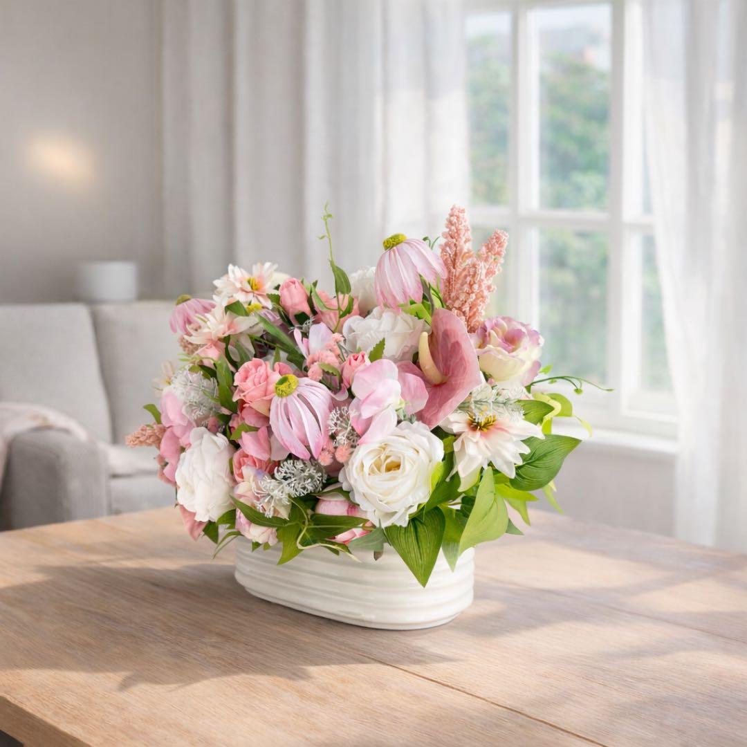 横長46cm｜バラとスイトピーとエキナセアの大型フラワーアレンジメント｜光触媒