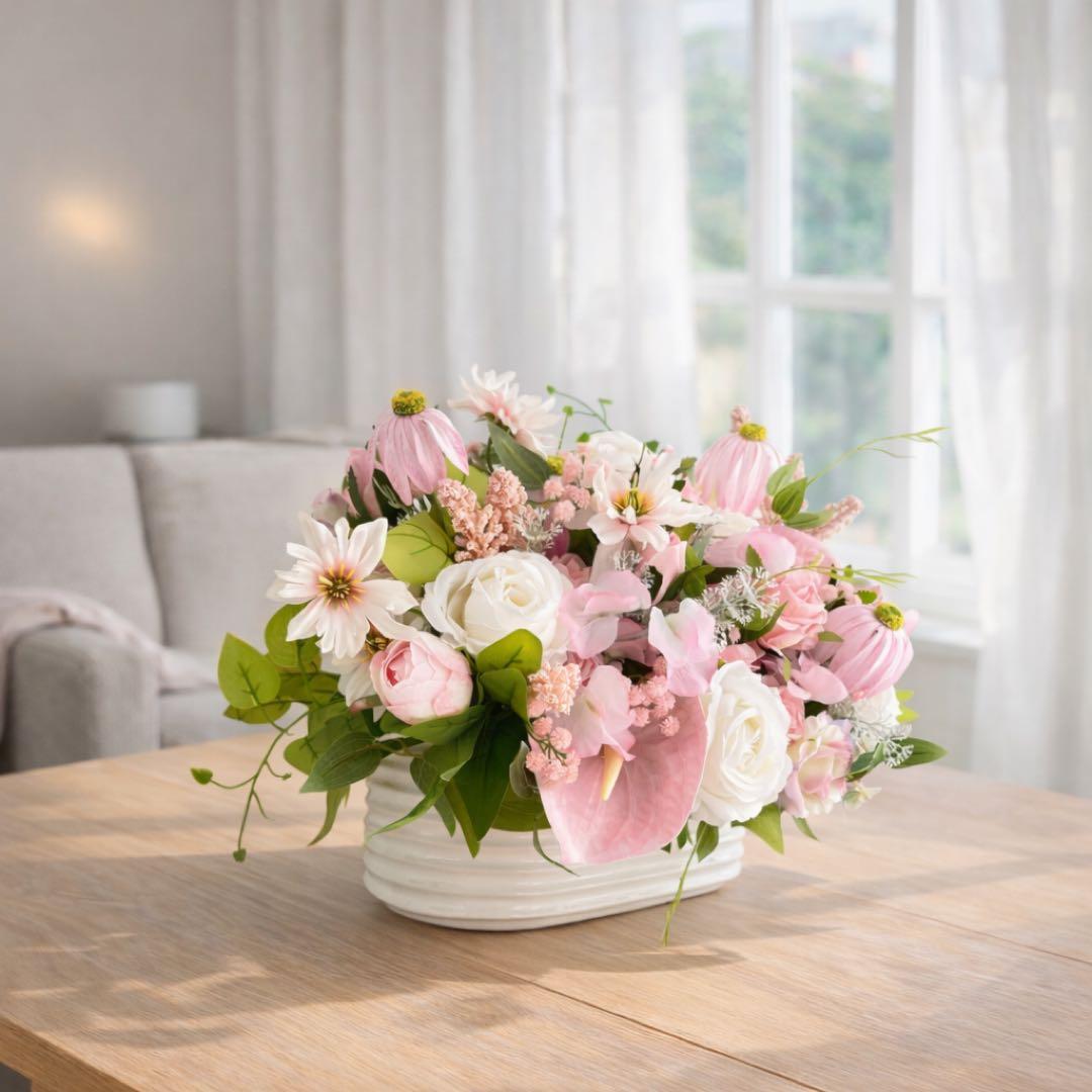 横長46cm｜バラとスイトピーとエキナセアの大型フラワーアレンジメント｜光触媒