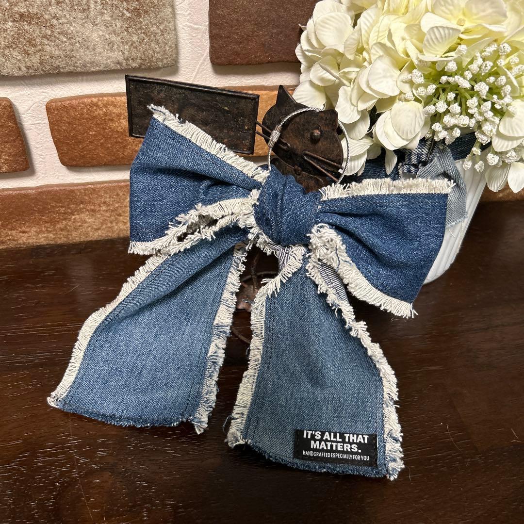 専用デニムリメイク りぼんチャーム りぼん キーホルダー 24-82