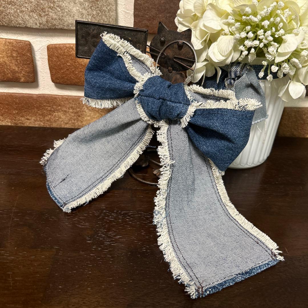 専用デニムリメイク りぼんチャーム りぼん キーホルダー 24-82